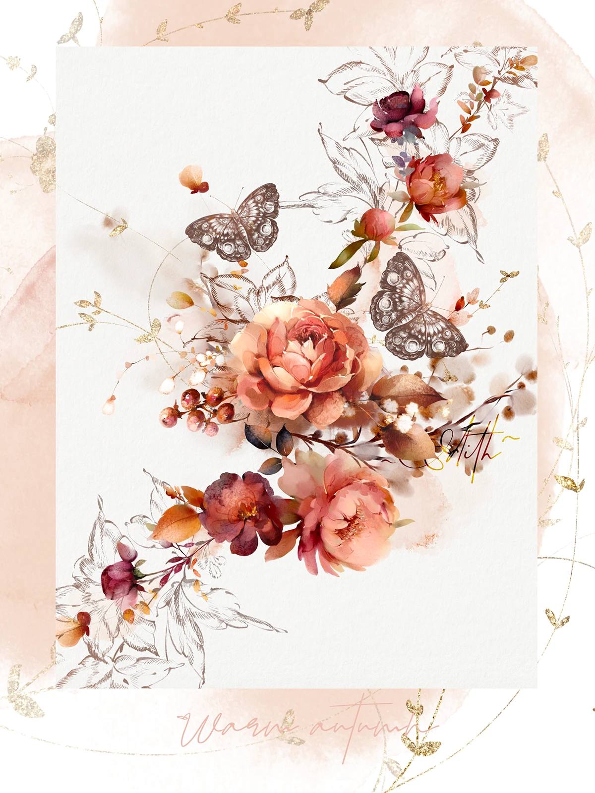Watercolor Flowers Autumn Illustration